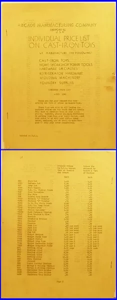 Arcade Toy 1941 Price List 4 pages