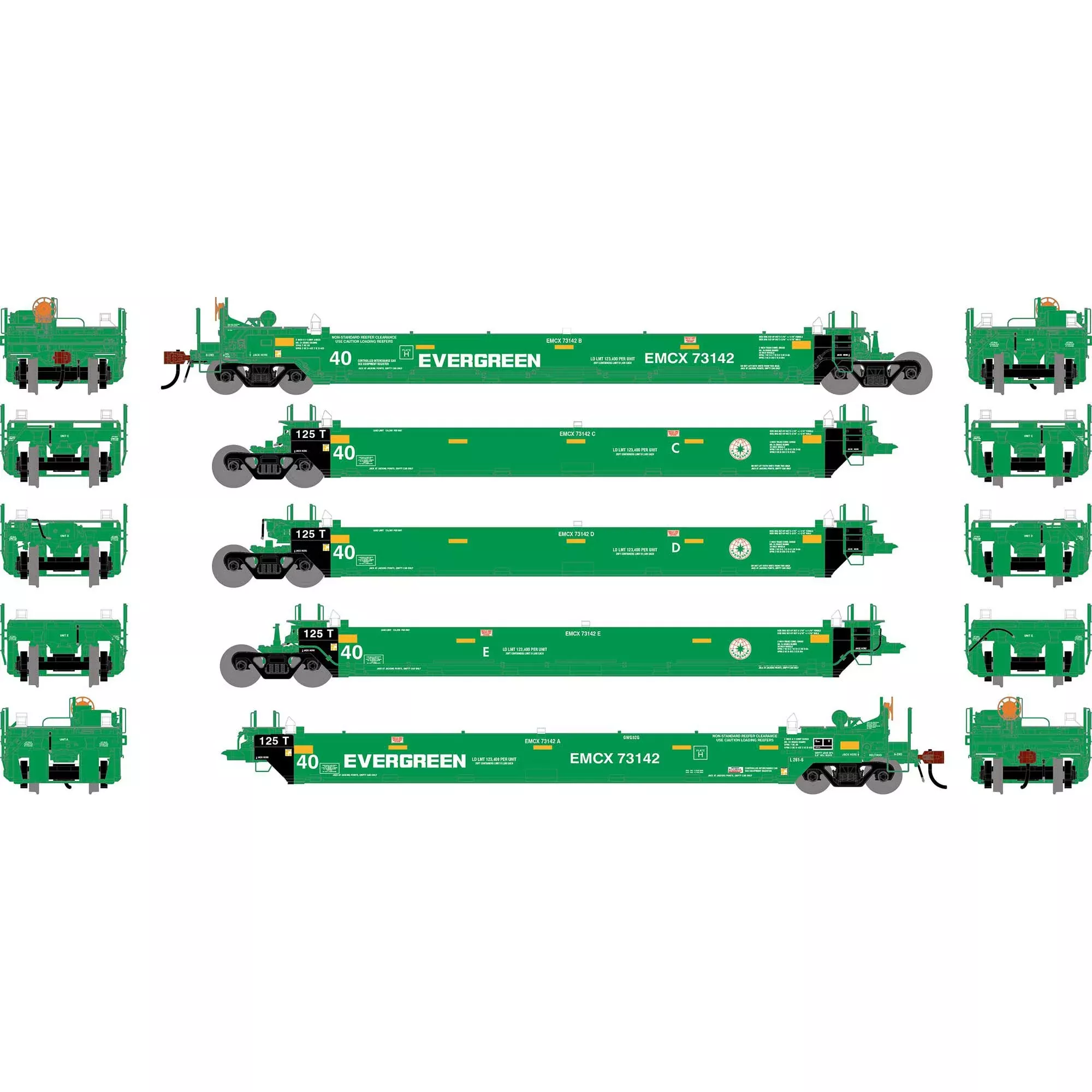 Athearn HO 3011 Gunderson Maxi-I Well Cars, Evergreen #73142 (5-Pack)