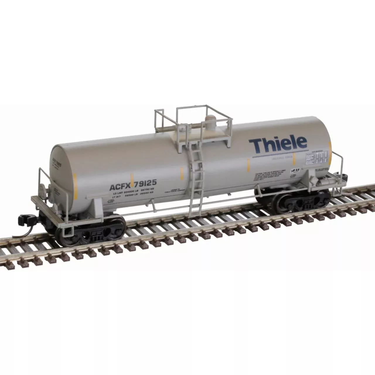 Atlas 50006162 (gray, blue, yellow conspicuity marks) ACF 14,000 Gallon Kaolin Tank Car N Scale,ACFX Thiele Kaolin #79135