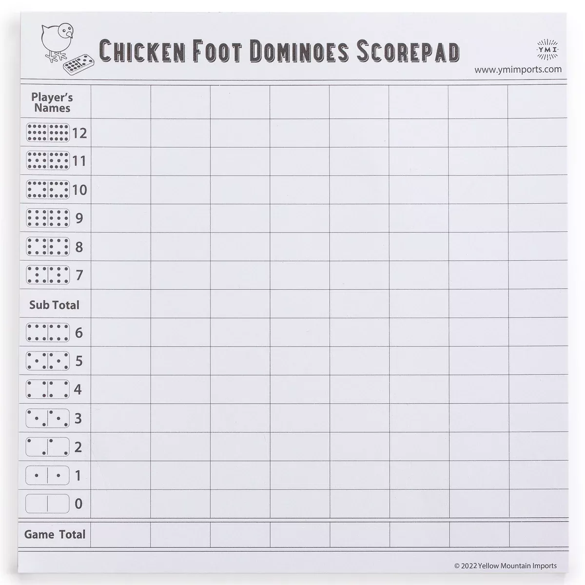 Chicken Foot Dominoes Scorepad - 50 Sheets