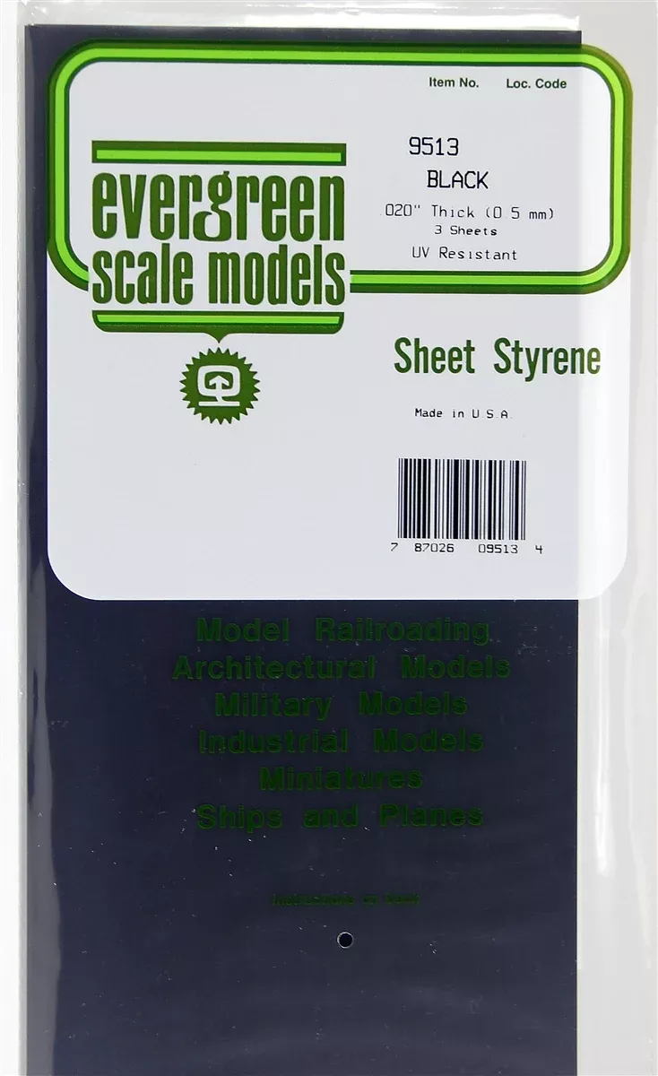 Evergreen Scale Models 9513 6" x 12" Black Styrene Sheet .020" (3)
