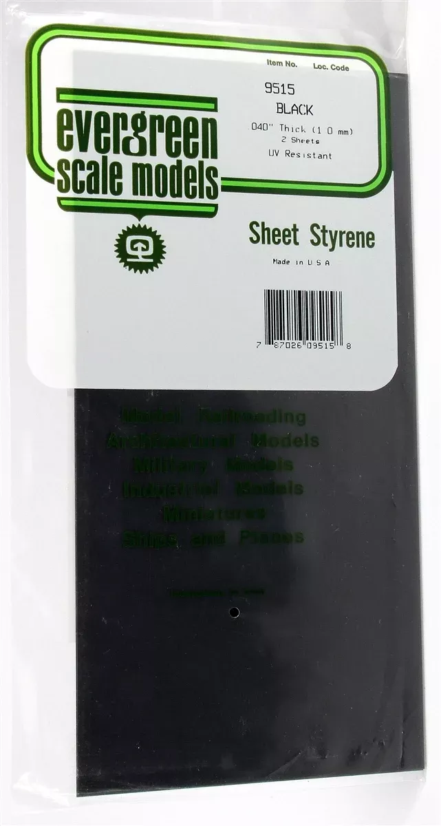 Evergreen Scale Models 9515 6" x 12" Black Styrene Sheet .040" (2)