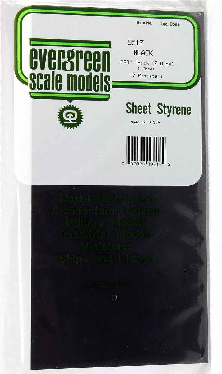 Evergreen Scale Models 9517 6" x 12" Black Styrene Sheet .080"