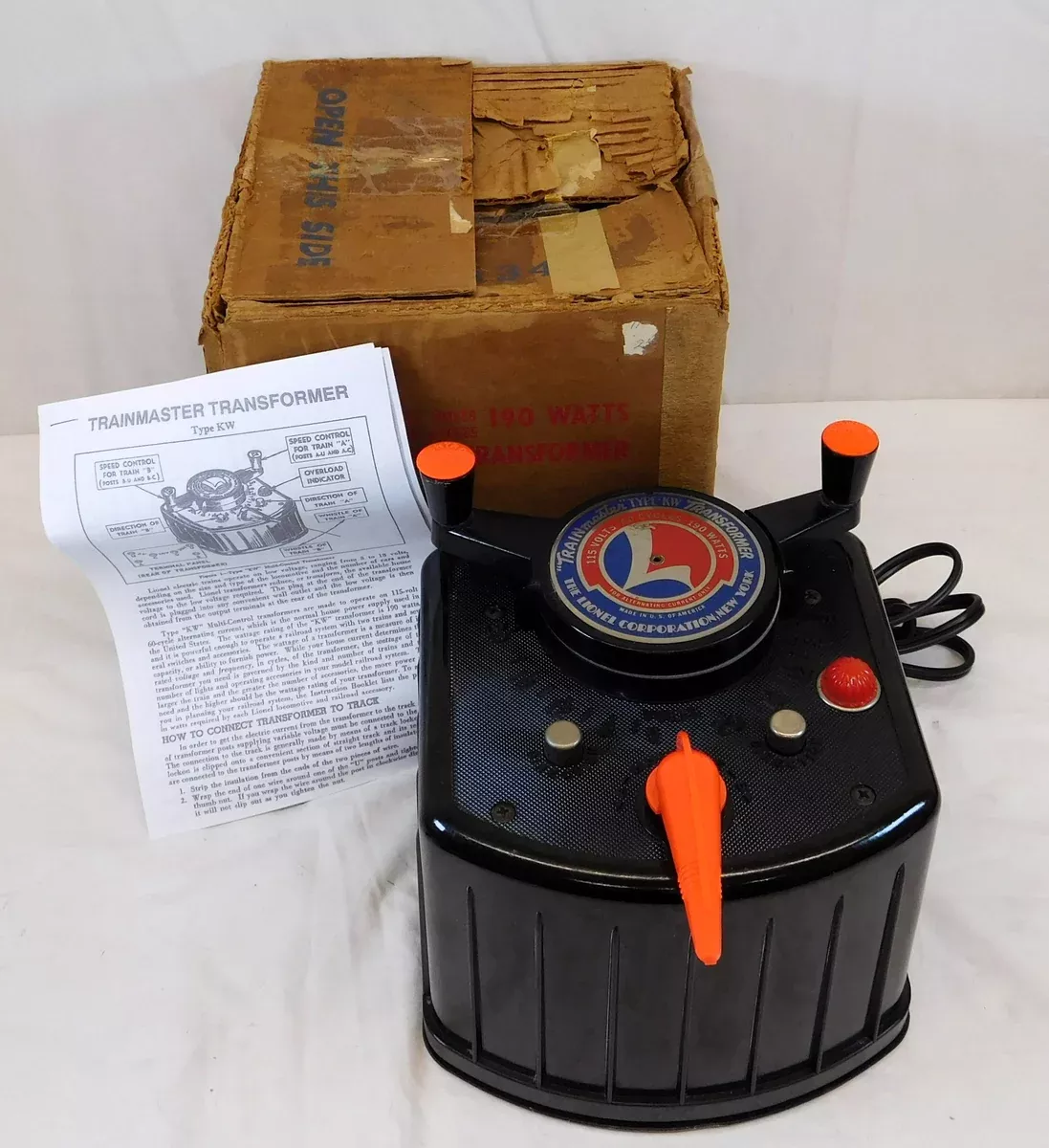 Lionel KW transformer 190 watts BOXED + instructions Run 2 trains Whistle & Direction Control Serviced New Cord