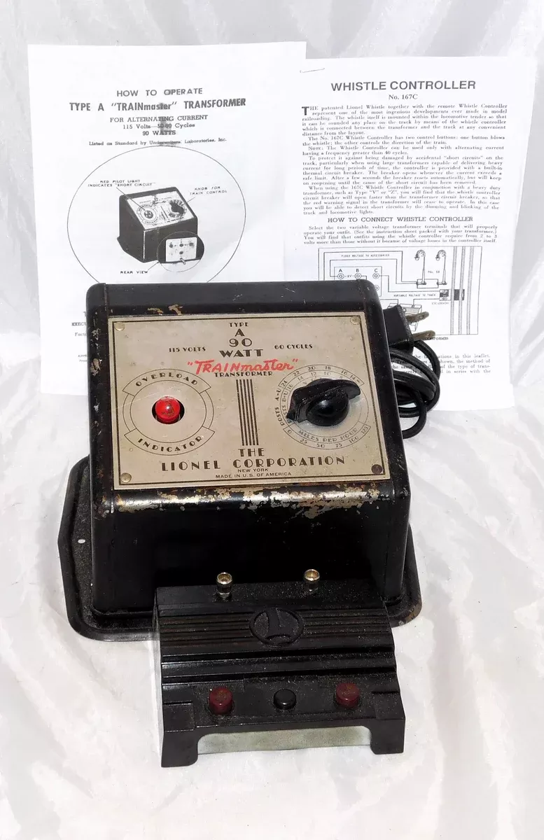 Lionel Type A transformer 90 watts 1947-48 Serviced + safe cord + 167 whistle controller = instructions