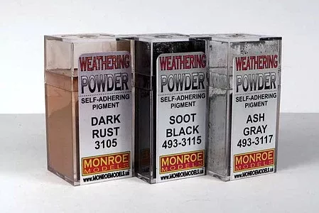Monroe Models 2913 HO Scale Grime & Rust Weathering Powder Set -- 1 Each: Soot Black, Ash Gray, Dark Rust