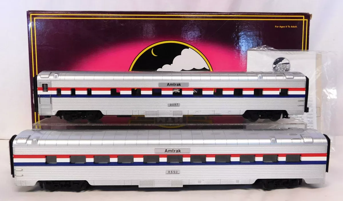 MTH 20-6648 Amtrak 2 Car Set 70' Aluminum Passenger Streamliner Sleeper Diner O Premier 1/48