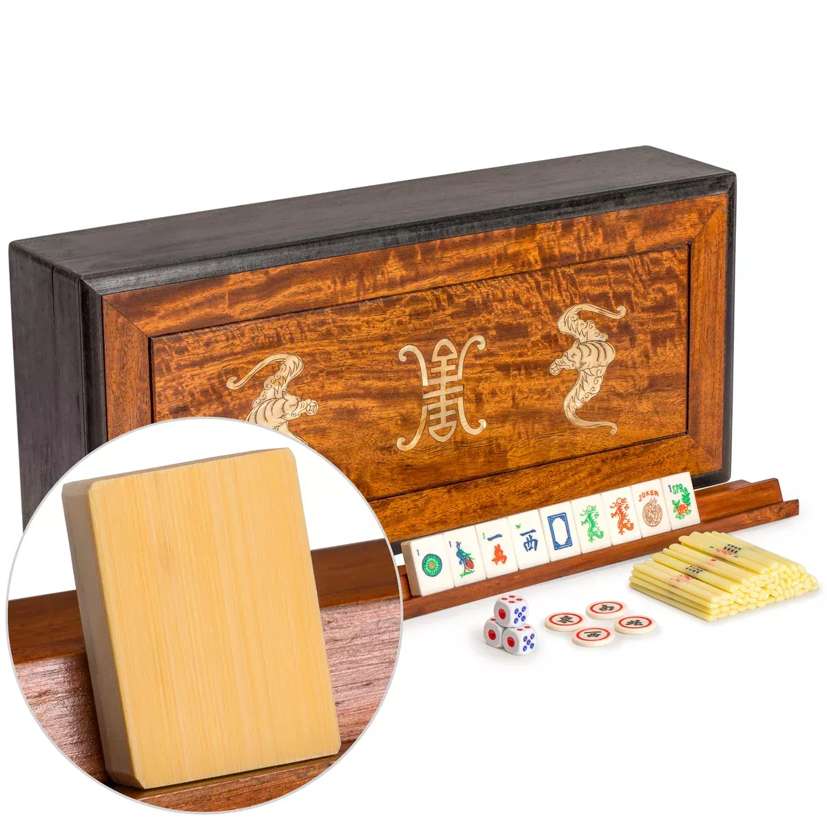 Traditional American Mahjong Set, "Bats" - Bone & Bamboo Tiles, Rosewood Case, Racks, Betting Sticks, Dice, & Wind Tiles